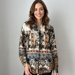 Alberto Makali Brown and Blue Patterned Button Down Blouse Medium